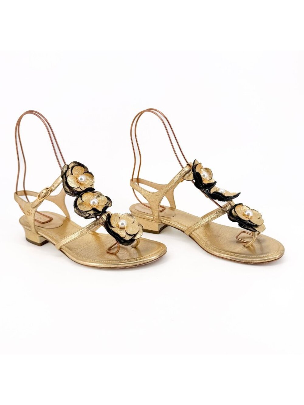 Chanel Camellia Pearl T-Strap Sandals Gold Leather Size 37C US 6–6.5 Women Flat